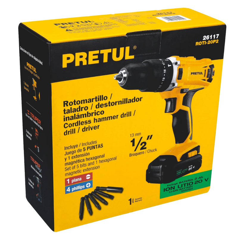 ROTOMARTILLO / TALADRO INALAMBRICO 1/2 BATERIA ION LITION 20V PRETUL 26117