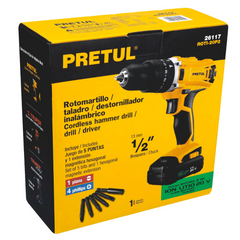 ROTOMARTILLO / TALADRO INALAMBRICO 1/2 BATERIA ION LITION 20V PRETUL 26117